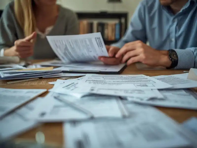 picture of papers on desk with two people consulting