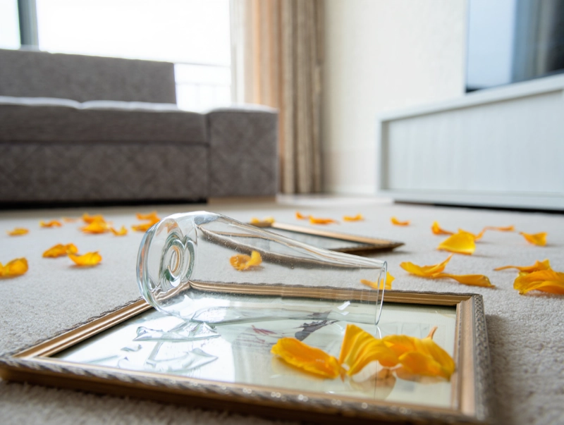 picture of broken picture and smashed wine glass on floor